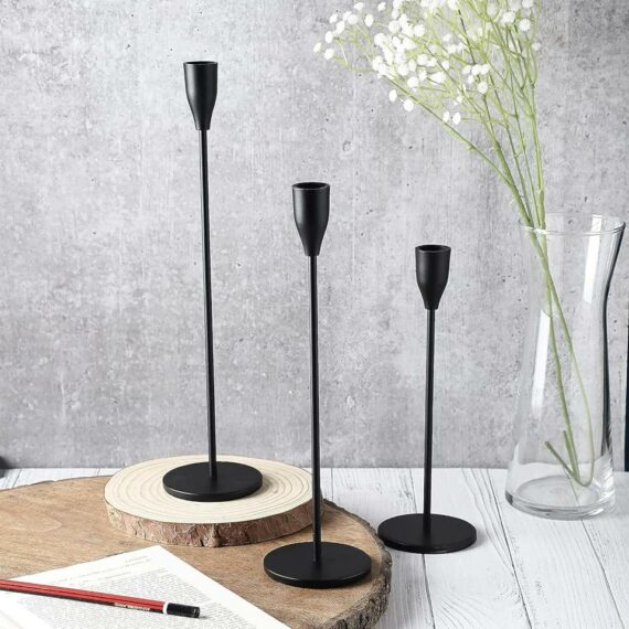 Modern Matte Black Taper Candle Holder Trio