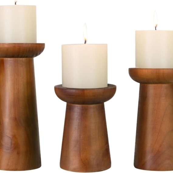 Brown  Wood Pillar Candle Holder - Set of 3 w/ NO Candles